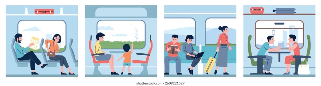 Train journey. People in different carriages. Travel by public transport, single couple and family passengers. Railway travellers recent vector scenes