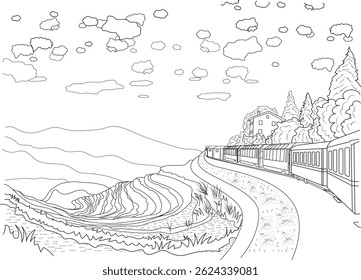 Train Journey Through Hilly Landscape - Line Art, A black and white line art illustration depicting a train winding its way through a scenic hilly landscape. The scene includes terraced fields,