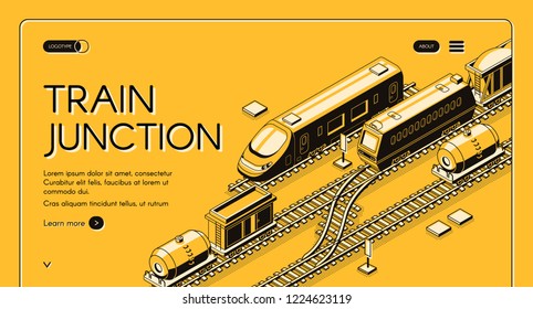 Train Junction, Transport Node Isometric Vector Web Banner With Passenger And Freight Trains With Wagons On Rail Routes Converge, Line Art Illustration. Railroad Or Transport Company Landing Page