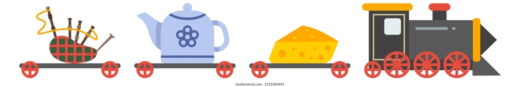 Un tren con una tetera, una rueda de queso y una falda escocesa