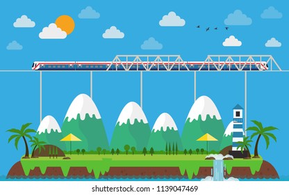 Train with landscape and island landscape in the flat style. Lake, meadows and the mountains, vector illustration