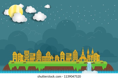 Train with landscape and island landscape in the flat style. Lake, meadows and the mountains, vector illustration