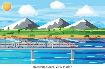 Train and Landscape with Mountain. Super Streamlined Train. Passenger Express Railway Locomotive. Monorail Railroad Public Transportation. Rapid Transport Subway. Flat Vector Illustration