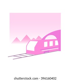 The train leaves the tunnel on a background of mountains