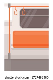 Train left side seat semi flat vector illustration. Subway chair row with handrails. Public transport with nobody inside. Empty underground transport. Metro 2D cartoon background for commercial use