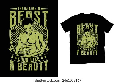 Entrenar como una bestia parece una belleza. Gimnasio cita motivacional con efecto grunge y mancuerna. Póster inspirador de entrenamiento. Diseño de Vector para gimnasio, carteles, camiseta.