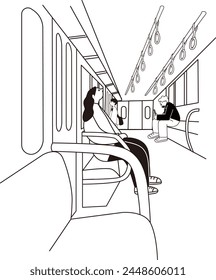 Train, line drawing, vector,sitting woman