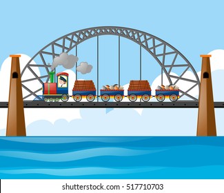 Tren cargado de troncos y piedras en la ilustración del puente