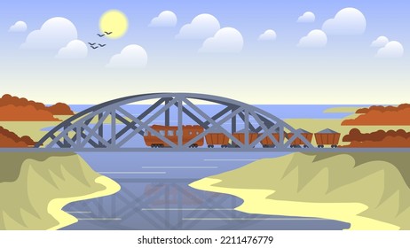 A train with loaded wagons rides over a bridge across a river against the backdrop of shores, forests, hills, sky with the sun, clouds, flying birds. Flat design landscape. Vector.
