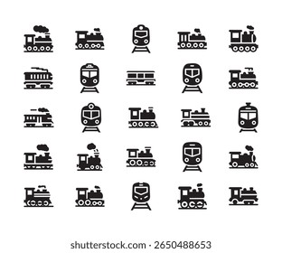 Ícones de trem e locomotiva, conjunto de vetor plano preto para ferrovias e transporte