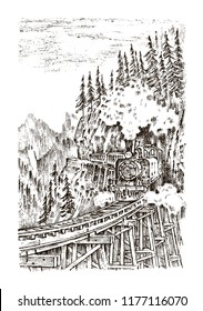 A train or a locomotive passes through a tunnel. Landscape of nature. Rock against the background of the forest. Vintage engraved hand drawn in old sketch.