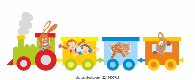 A train, a locomotive and three wagons with animals, hare, monkeys, cats and dog, happy vector illustration