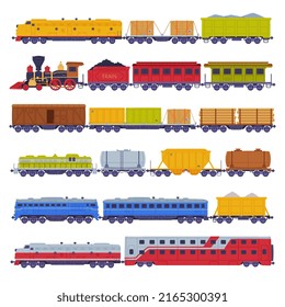 Train or Locomotive with Wagon Pulling Freight and Cargo Vector Set