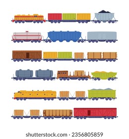 Train or Locomotive with Wagon Pulling Freight and Cargo Vector Set