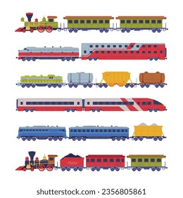 Train or Locomotive with Wagon Pulling Freight and Cargo Vector Set