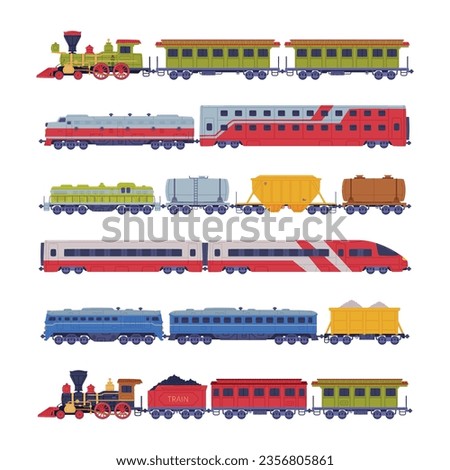 Train or Locomotive with Wagon Pulling Freight and Cargo Vector Set