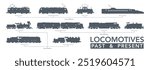 Train locomotives icon set. Past and present locos silhouette on white. Vector illustration