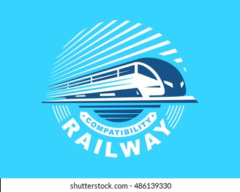 Train logo illustration on blue background, emblem