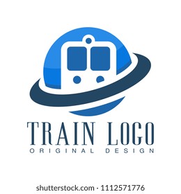 Train logo original design, blue railway transport badge vector Illustration