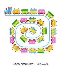 Train with lots of color wagons going spiral. A bright vector cartoon illustration 
