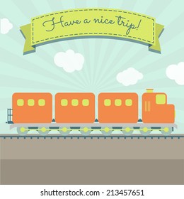 Train with luggage and a ribbon with the text "Have a nice trip". Have a nice train trip