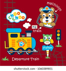 train and machinist funny animal cartoon,vector illustration