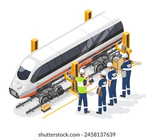 Train maintenance service training career concept Engineer and mechanic work together in garage station isometric isolated cartoon