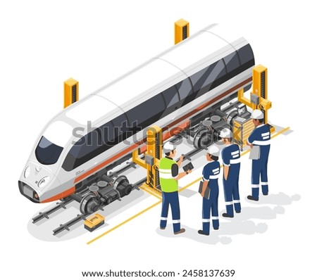 Train maintenance service training career concept Engineer and mechanic work together in garage station isometric isolated cartoon