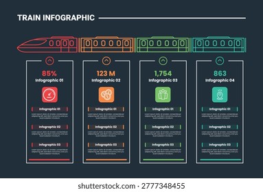 Train mass transportation infographic process diagram with table box comparison with percentage and data information with train on top with dark background bright outline style 4 points vector
