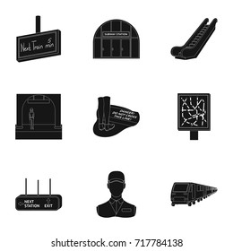 Train, means, movement and other web icon in black style.Equipment, transport, public, icons in set collection.