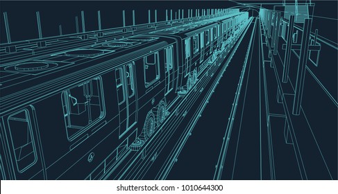 train in a metro station illustrated in wire frame style