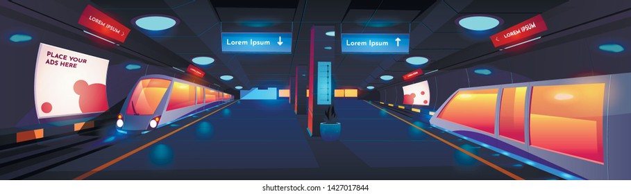 Train In Metro Station Interior At Night Time, Empty Subway Platform With Glowing Lamps, Map And Ads Banners, Underground Design. Metropolitan, Railroad, Public Railway. Cartoon Vector Illustration