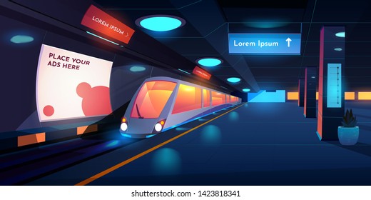 Train In Metro Station At Night Time, Empty Subway Platform With Glowing Lamps, Map And Ads Banners, Underground Interior Design. Metropolitan, Railroad, Public Railway. Cartoon Vector Illustration