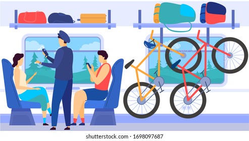 Train metro subway interior with commuting passengers, controllers, bycicles in luggage cell, baggage cartoon vector illustration. High-speed comfortable transportation train car interior or urban