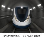 Train or metro in tunnel front view, subway locomotive on rails with windshield and illumination. Modern underground city transport, railway passenger commuter vehicle Realistic 3d vector illustration