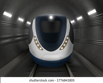 Tren o metro en la vista frontal del túnel, locomotora del metro en rieles con parabrisas e iluminación. Moderno transporte subterráneo urbano, transporte de pasajeros ferroviario Vehículo de transporte de pasajeros Realista Ilustración vectorial 3d