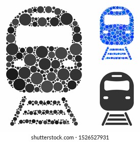 Train mosaic for train icon of small circles in variable sizes and color tinges. Vector filled circles are united into blue mosaic. Dotted train icon in usual and blue versions.