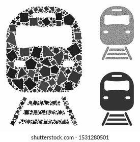 Train mosaic of ragged elements in various sizes and shades, based on train icon. Vector tremulant elements are united into mosaic. Train icons collage with dotted pattern.