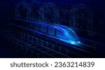 Train motion. Speed railway. Digital metro transport. Wireframe of track and railroad station. Fast technology. Polygon locomotive with carriages on arch bridge. Vector exact background