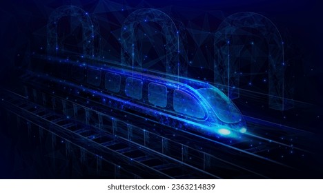 Movimiento de tren. Ferrocarril de velocidad. Transporte digital en metro. Máquina de cable de la estación de ferrocarril y vía terrestre. Tecnología rápida. Locomotora de polígono con carrozas sobre el puente de arco. Fondo exacto del vector