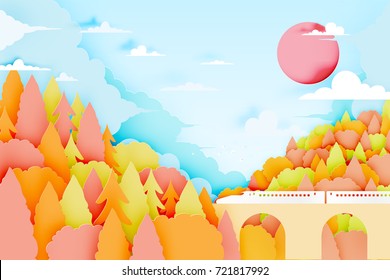 The train with mountain background and beautiful landscape in autumn background vector illustration