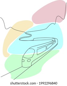 Train in the mountains. Travel by train. Mountain railway. Vector illustration line art