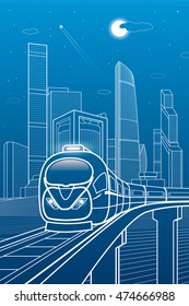 Train move. Business center, architecture, transport and urban illustration, neon city, white lines composition, skyscrapers and towers, vector design art