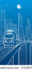 Train move on the bridge. Business center, architecture, transport and urban illustration, neon city, white lines composition, skyscrapers and towers, vector design art