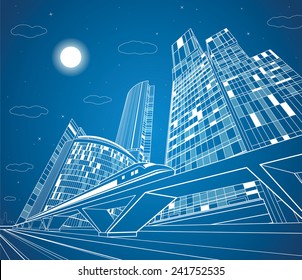 Train move on the bridge, dynamic composition, night city on background, industrial and transport panorama, white lines landscape, neon town, vector design art