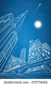 Train move on the bridge, dynamic composition, night city on background, vector industrial and transport illustration, vector lines landscape, night town, vector design
