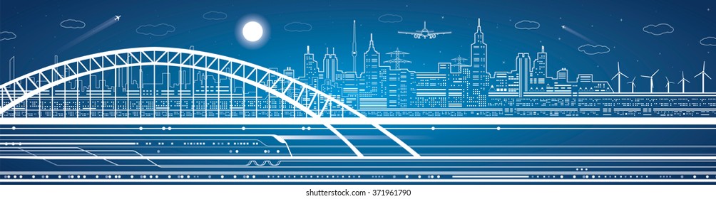 Train move on the bridge, light city on the background, transport and infrastructure panorama, airplane fly, neon lights, vector design