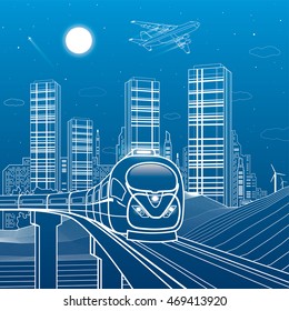 Train move on the bridge, mountains, night city on background, towers and skyscrapers, infrastructure and transport illustration, airplane fly, white lines, vector design art