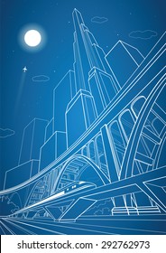 Train move on the bridge, night city and big bridge on background, vector industrial and transport illustration, vector lines landscape, night town, vector design