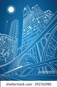Train move on the bridge, night city and big bridge on background, vector industrial and transport illustration, vector lines landscape, night town, vector design